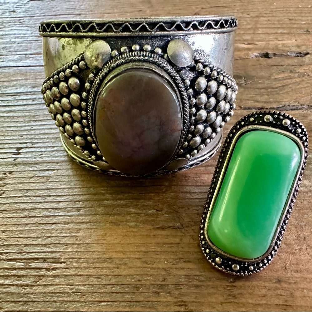 Silver Cuff Bracelet with Green Stone Ring